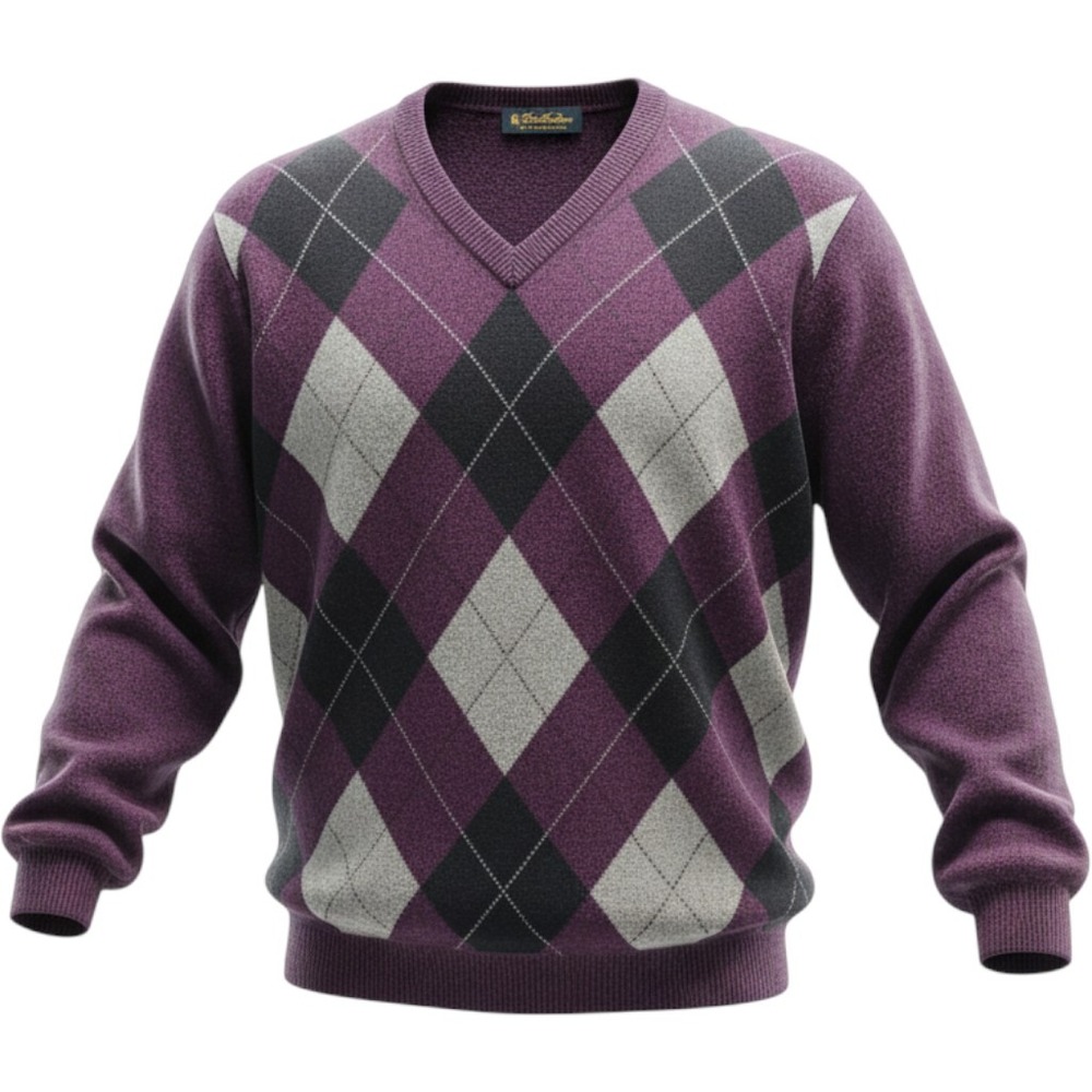 Brooks Brothers Mens Purple Argyle Lambswool V-Neck Sweater XL Preppy Academia